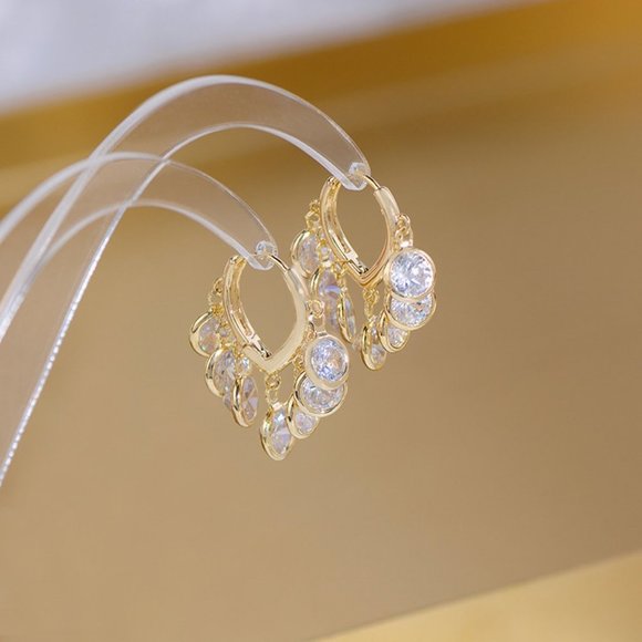 NEW 14K Gold Plated Round Diamond Drop Huggie Hoop Earrings - Picture 6 of 8